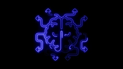 Blue Neon Brain Illustration with Arrows on Black Background