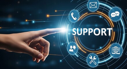 A hand touches a glowing "Support" interface with icons representing communication channels, symbolizing customer service and technical assistance.