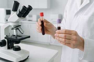 Laboratory blood analysis with microscope and test tubes in clinical setting. concept of medical research, health diagnostics, scientific examination