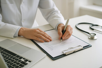 Healthcare professional filling out medical form at desk with stethoscope and laptop in modern clinic. concept of healthcare documentation, medical paperwork, hospital administration.