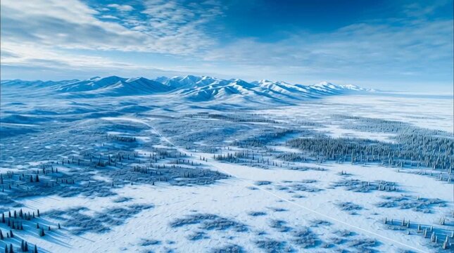 Frozen tundra landscape with snowy mountains and frosted plants