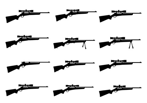 Discover a versatile collection of sniper rifles with scopes, presented in clean, professional silhouettes for diverse design applications and visual storytelling.