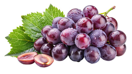 A cluster of ripe purple grapes with green leaves hanging from a branch isolated on transparent background