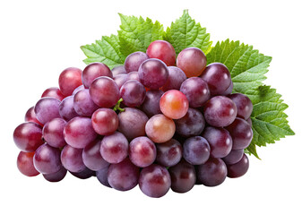 Fototapeta premium A ripe bunch of juicy red grapes with vibrant green leaves presented isolated on transparent background