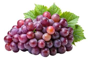 A ripe bunch of juicy red grapes with vibrant green leaves presented isolated on transparent background