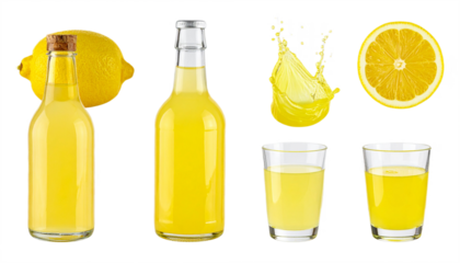Refreshing yellow lemon drink bottles, glasses, splash, and whole slice for vibrant summer beverages