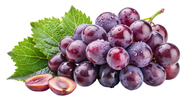 A cluster of ripe purple grapes with green leaves hanging from a branch isolated on transparent background