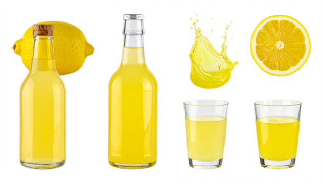 Refreshing yellow lemon drink bottles, glasses, splash, and whole slice for vibrant summer beverages