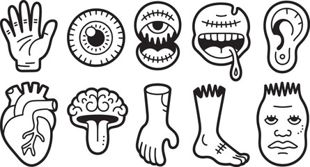 Creepy Body Parts Icons Set Hand Eye Mouth Ear Heart Brain Foot Face Outline Style Vector Art