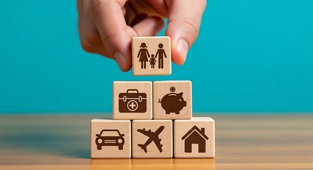 Hand placing a wooden block with a family icon on top of other blocks representing insurance and savings.