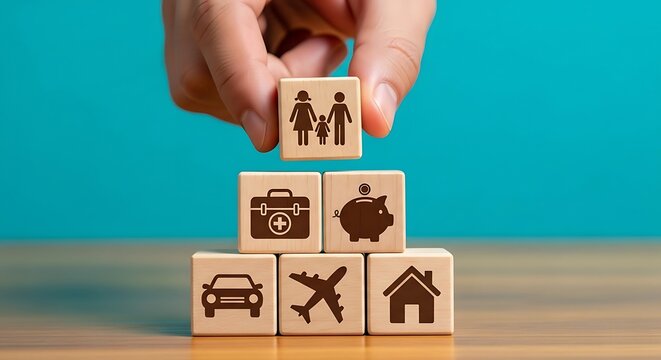 Hand placing a wooden block with a family icon on top of other blocks representing insurance and savings.