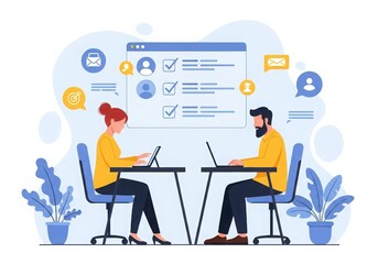 Photo of a man and a woman are working on their laptops at their desks, collaborating on a project and communicating online