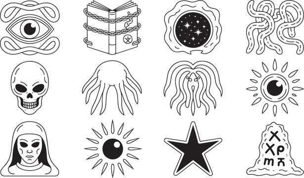 Mystical Occult Symbols Collection Line Art Vector Illustration for Esoteric Designs and Spiritual Themes