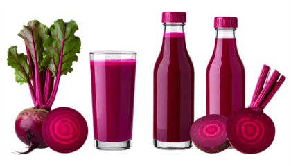 Vibrant beetroot juice in glass and bottles, a healthy and refreshing beverage ready to energize you