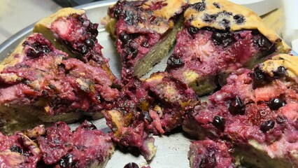 Homemade Charlotte with strawberries and currants — appetizing summer dessert with juicy berries on golden pastry