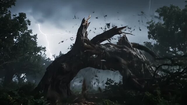 Powerful hurricane winds breaking and destroying old trees in forest