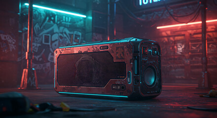 Fototapeta premium Rugged futuristic speaker with glowing neon accents in gritty urban setting