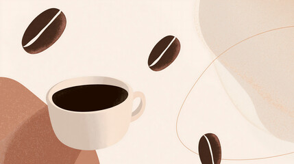 Coffee cup with dark beverage surrounded by coffee beans and abstract shapes, showcasing a minimalist design with warm tones and inviting atmosphere for beverage lovers