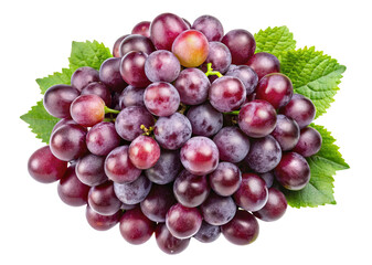 Fototapeta premium A plump bunch of ripe red grapes with fresh green leaves isolated on transparent background