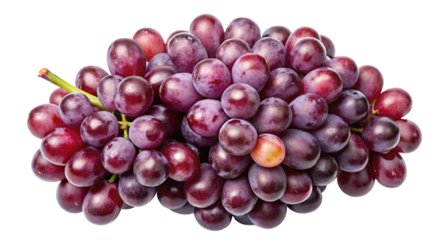 A large bunch of ripe juicy deep red grapes with a single lighter colored grape is isolated on transparent background
