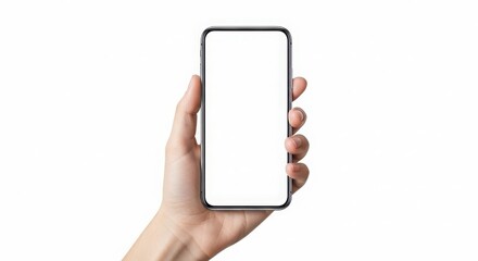 Photo of a hand holds a smartphone with a blank white screen, isolated on white background, for mockup purposes