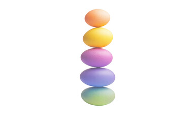 Tall vertical arrangement of painted eggs stacked in a smooth rainbow gradient formation isolated on transparent background PNG