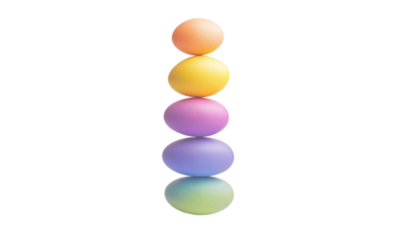 Tall vertical arrangement of painted eggs stacked in a smooth rainbow gradient formation isolated on transparent background PNG