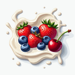 Vector design
with blueberry, strawberries, cherries berry
 in milk yogurt isolated 
on white background. Fashionable print for paper, 
fruit ice cream label, food packaging.