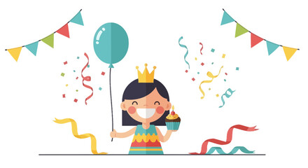 Happy birthday illustration featuring a girl with a crown and festive decorations