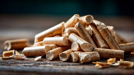 Extreme close-up of wooden pellets in natural daylight on wooden surface with crisp texture