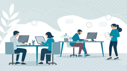 Teamwork in a modern office: Illustration of colleagues collaborating on projects, ideal for website banners or presentations.