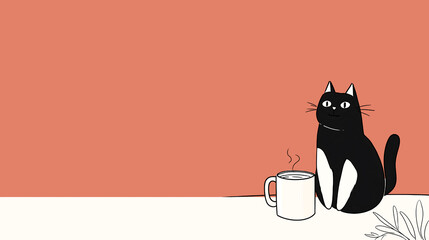 Black and white cat sitting beside a steaming mug on a table with a minimalist design, featuring a warm background and a sense of cozy atmosphere for relaxation and comfort