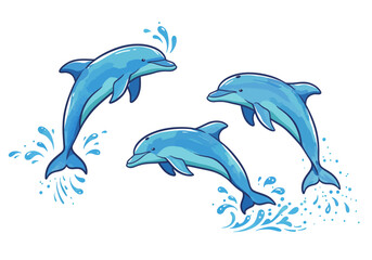 Fototapeta premium Joyful dolphins leaping and splashing in vibrant blue ocean water, capturing the essence of marine life and summer fun with playful energy.