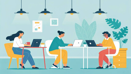 Three colleagues working on laptops in a modern, bright office. Ideal for websites, presentations, and brochures related to teamwork, collaboration, and modern workplaces.