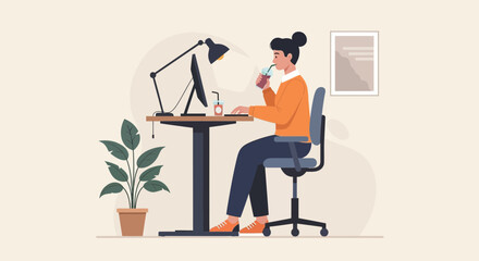 Freelancer Enjoying Beverage While Working At Home With Natural Light