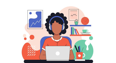 Woman working from home on laptop, wearing headphones. Ideal for blog posts, website banners, and social media.