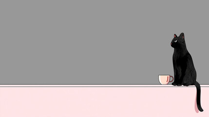 Black cat sitting on a pink table beside a white cup, with a gray background, creating a calm and cozy atmosphere perfect for relaxation and contemplation