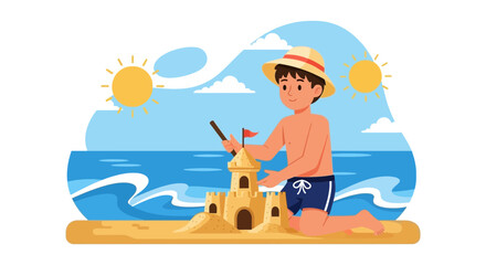 Naklejka premium Happy Childhood Boy Enjoying Building Sandcastle On Tropical Beach Vacation