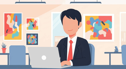Businessman working on laptop in modern office with abstract art. Ideal for websites, presentations, and brochures.