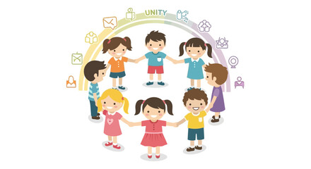 Happy Children Forming Circle Symbolizing Unity And Togetherness With Communication Icon