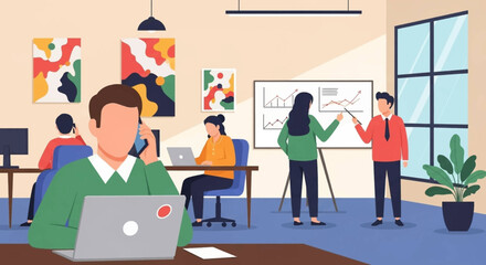 Modern office workers collaborating, perfect for illustrating teamwork and productivity on a company website or brochure.