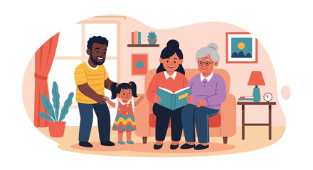 Happy multigenerational family reading together at home - perfect for family, togetherness, and generational themes.
