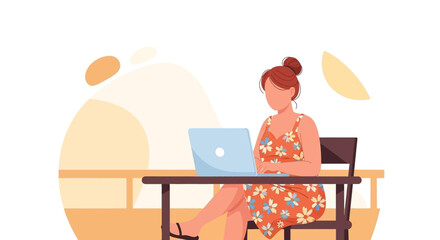 Woman working on laptop on patio, perfect for website banners or social media posts.