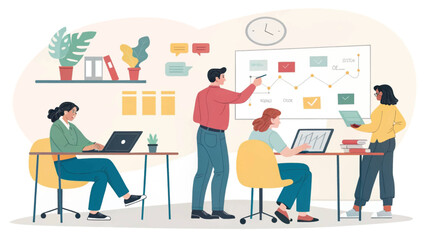 Diverse team collaborating in a modern office, perfect for illustrating teamwork, project management, or a company culture landing page.