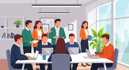 Diverse team collaborating in a modern office, perfect for illustrating teamwork and productivity on your website or company brochure.