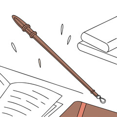 Pointer stick on table beside open book and closed notebook  