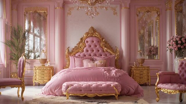 Ornate Pink and Gold Luxurious Bedroom with a Tufted Headboard, Elegant Furniture, and Decorative Elements