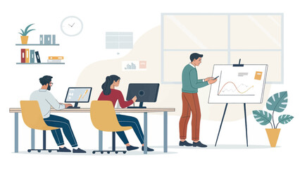 Teamwork in modern office: colleagues working on computers and a presentation. Ideal for business websites, presentations, and brochures.