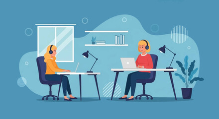Two women working remotely from home, perfect for illustrating telecommuting or online collaboration.