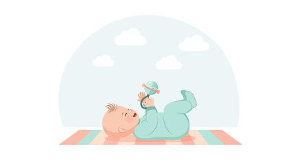 Happy Infant Playing With Rattle On Playmat Under The Cloudy Sky